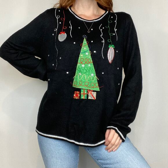 Vintage 90s Oversixed 1X Black & Silver Embroidered Christmas Tree Sweater - Picture 3 of 9